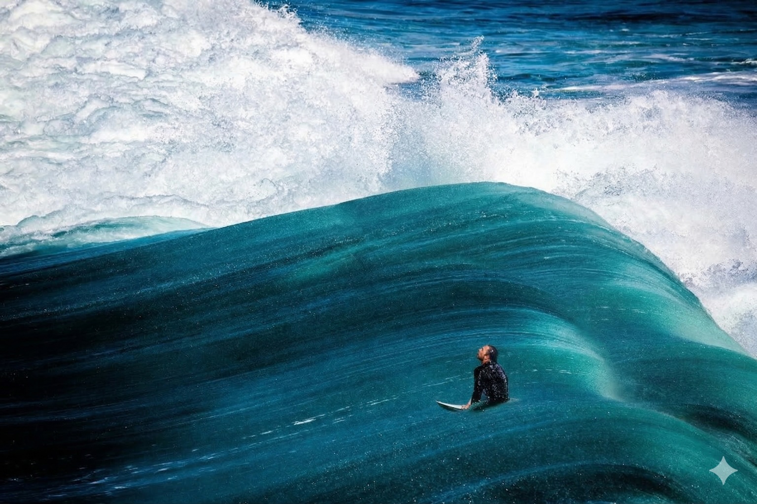 A powerful visual of a surfer expertly navigating a massive turquoise wave, representing mental flow and absolute control over the surge of daily tasks.